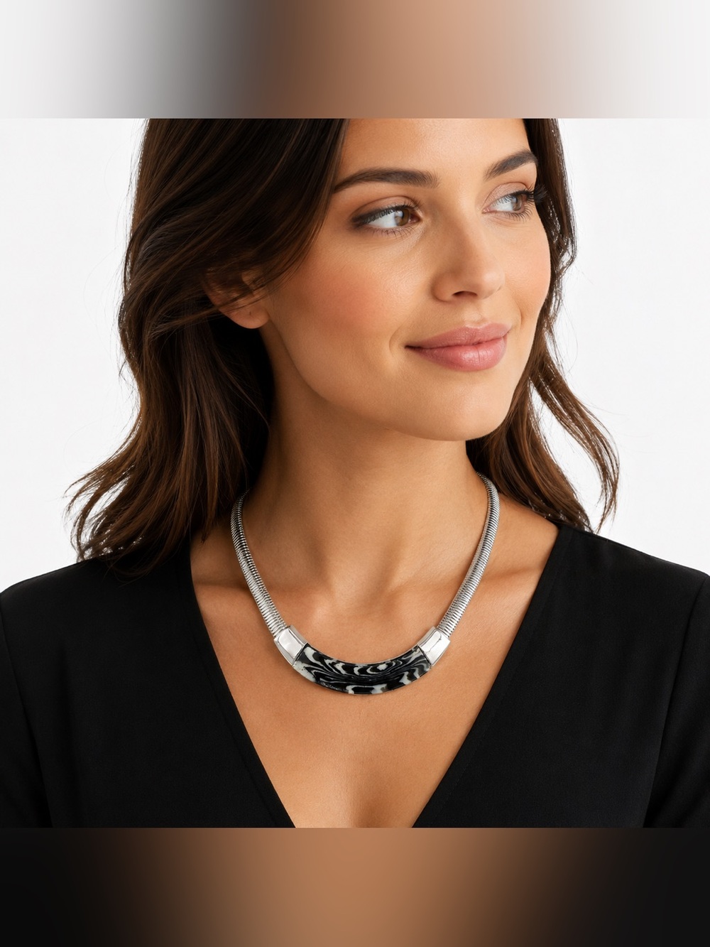 Dana Buchman Silver Tone Statement Collar Necklace Black White Marbled Resin